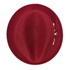  red straw fedora hat top view with woven crown texture