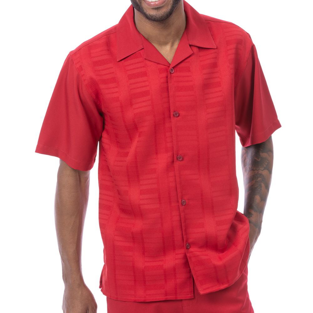 Detail view of the red textured fabric on the Montique Altavian Collection walking suit.