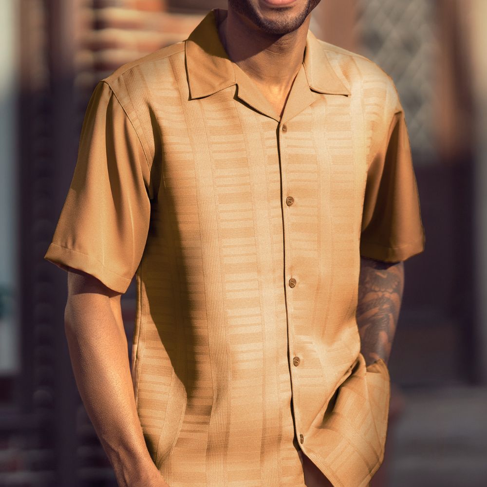 Detail view of the camel textured fabric on the Montique Altavian Collection walking suit.