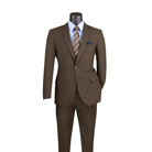 Brown regular-fit suit with a two-button notch-lapel jacket and matching trousers, front view.