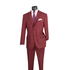 Burgundy regular-fit suit with a two-button notch-lapel jacket and matching trousers, front view.
