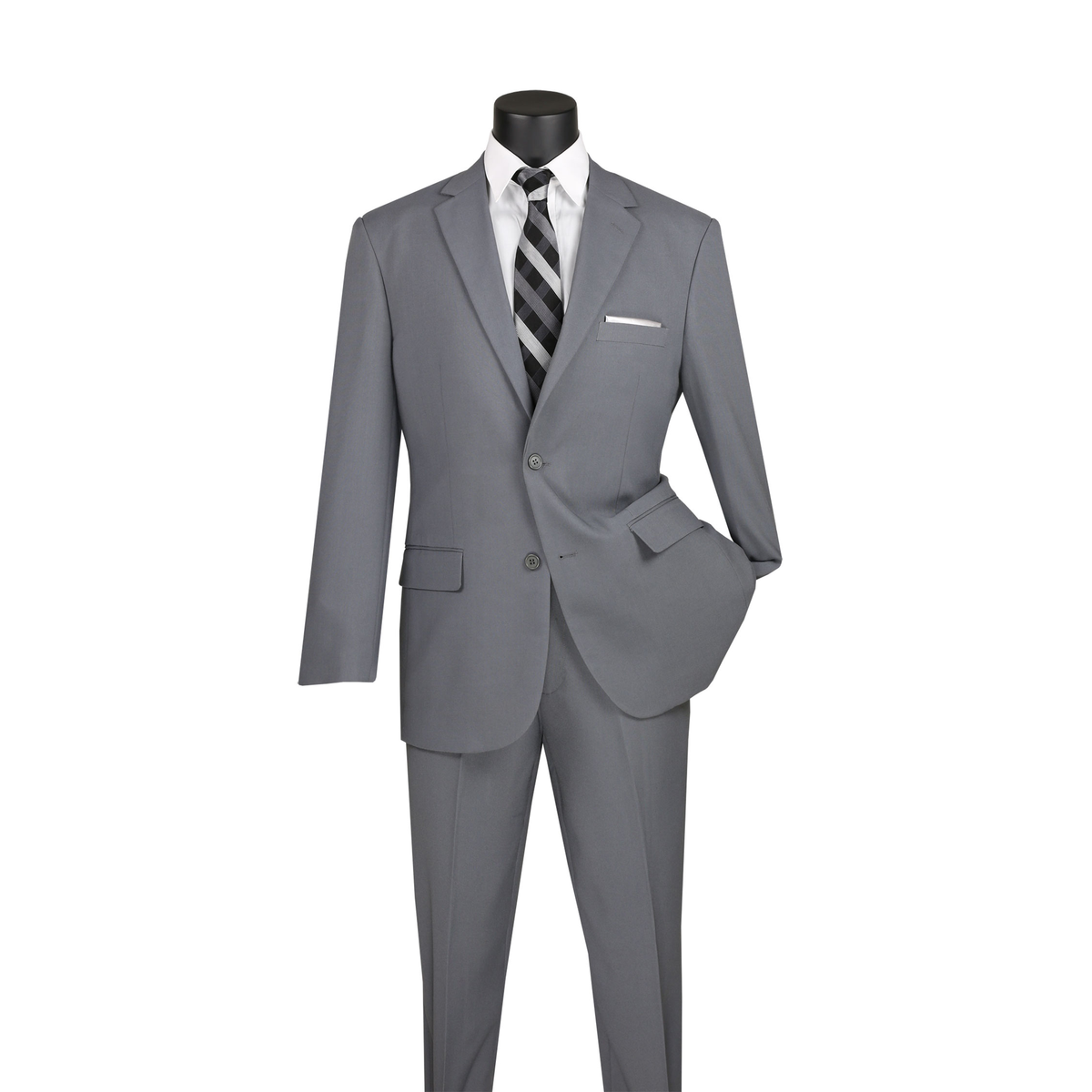 Medium gray regular-fit suit with a two-button notch-lapel jacket and matching trousers, front view.