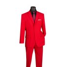Red regular-fit suit with a two-button notch-lapel jacket and matching trousers, front view.