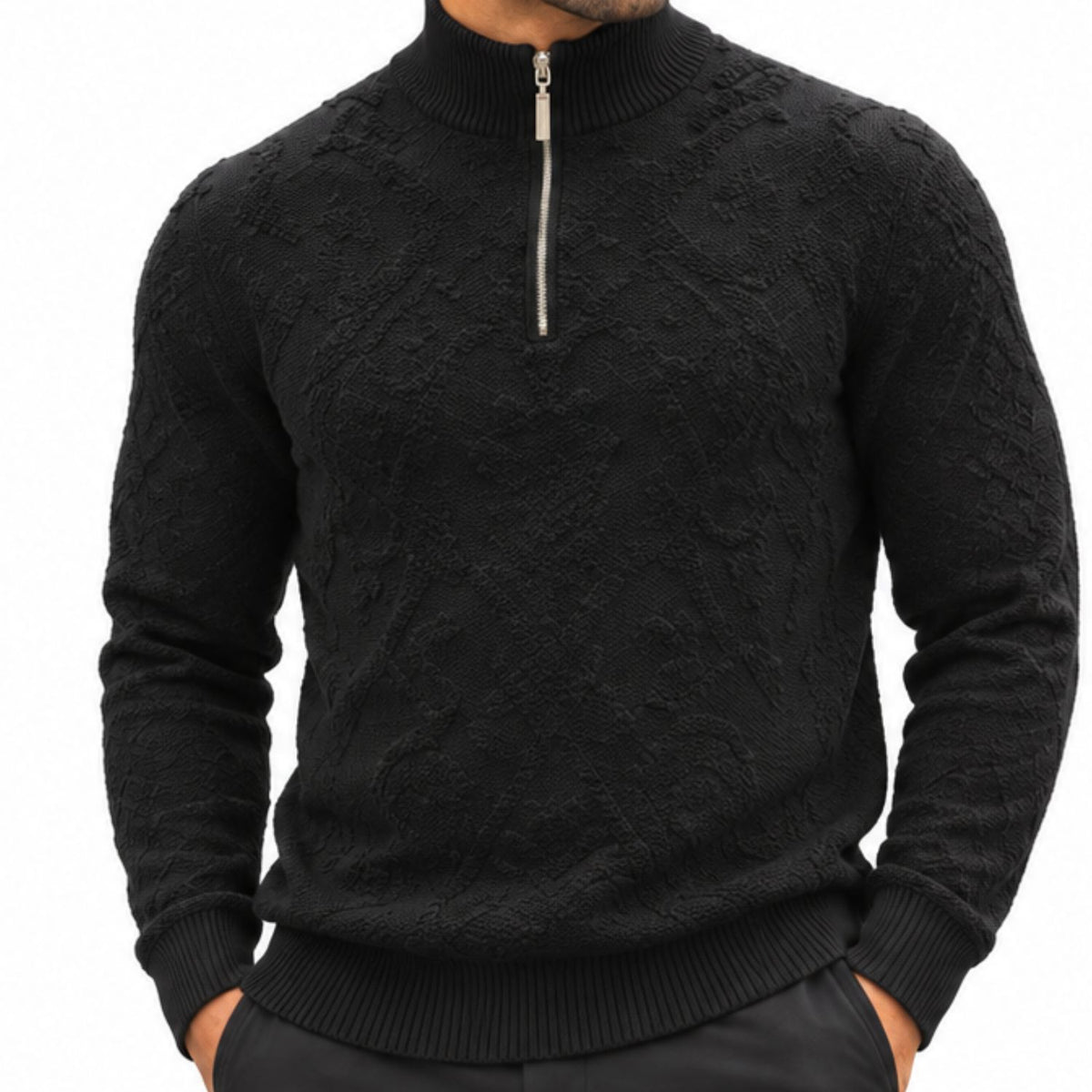 Stacy Adams 32010 black quarter-zip mock neck chenille sweater - detail view