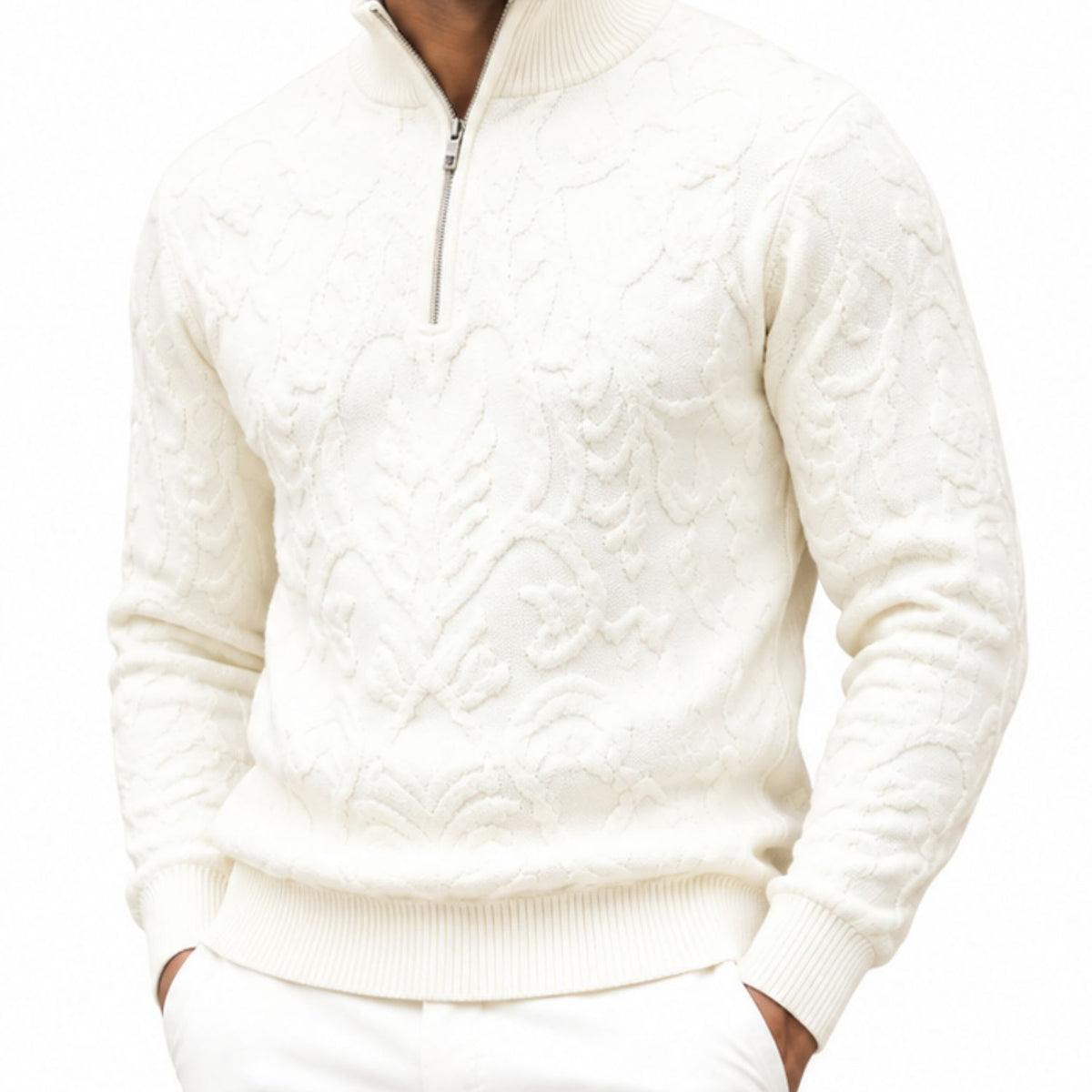 Stacy Adams 32010 cream quarter-zip mock neck chenille sweater - detail view