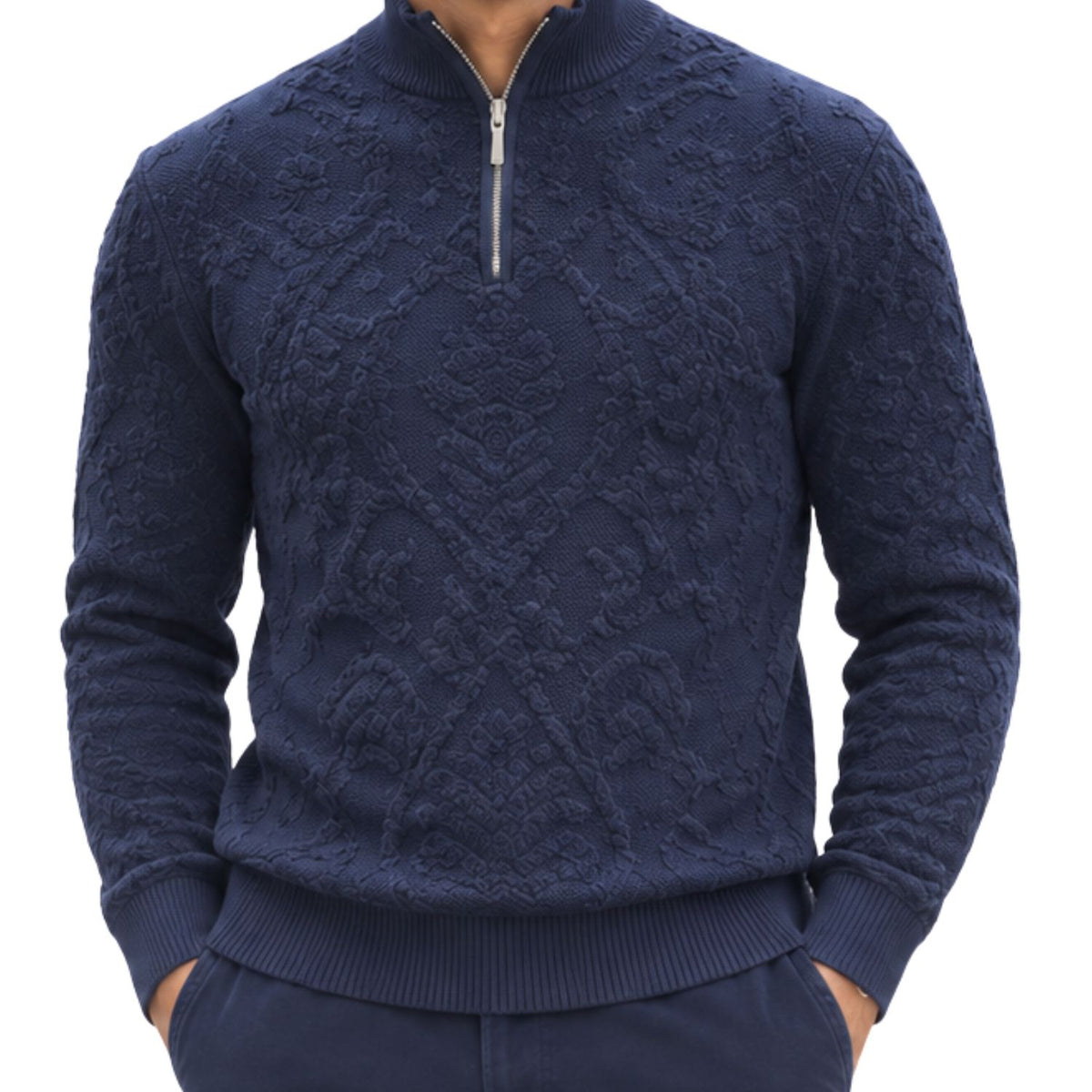 Stacy Adams 32010 navy quarter-zip mock neck chenille sweater - detail view