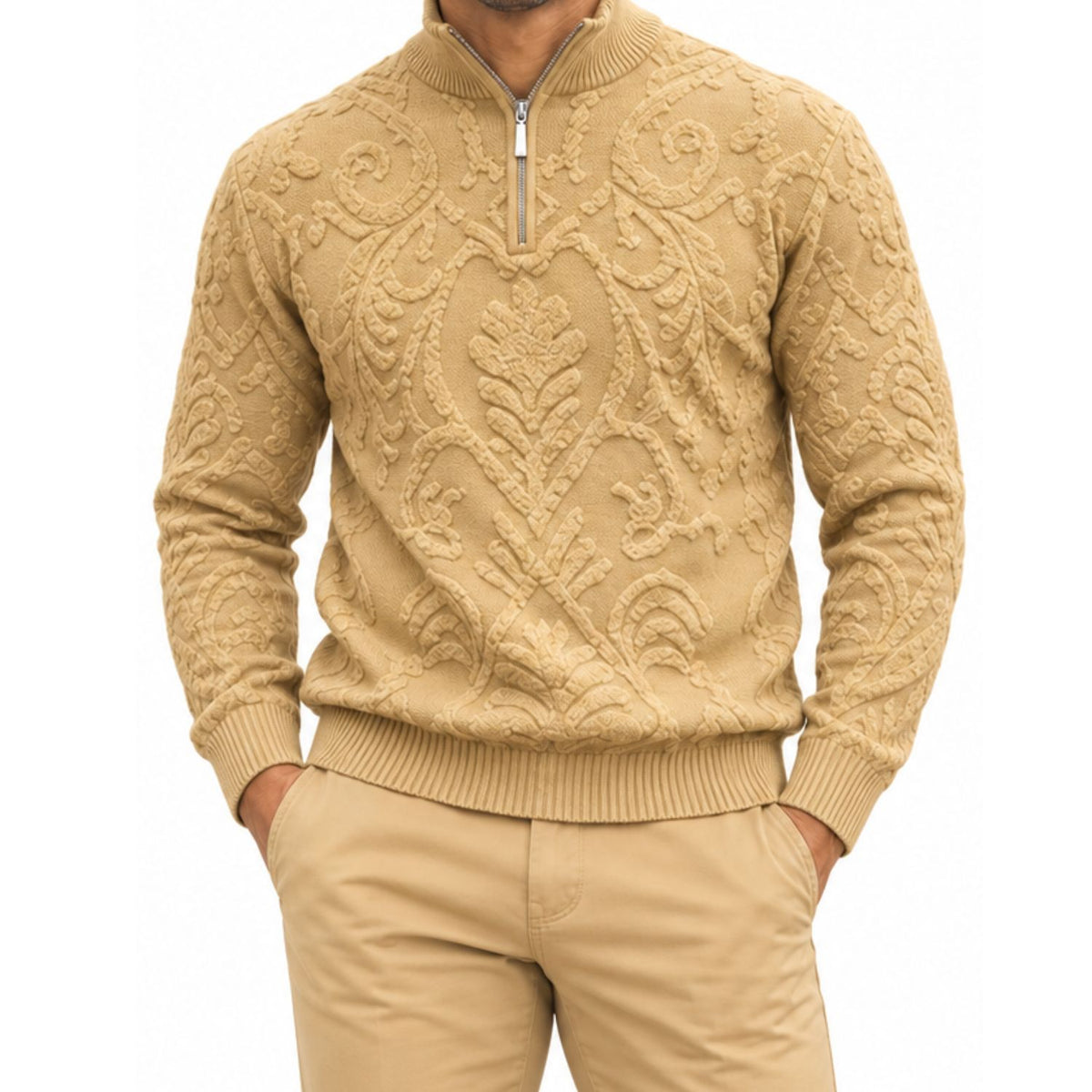Stacy Adams 32010 tan quarter-zip mock neck chenille sweater - detail view