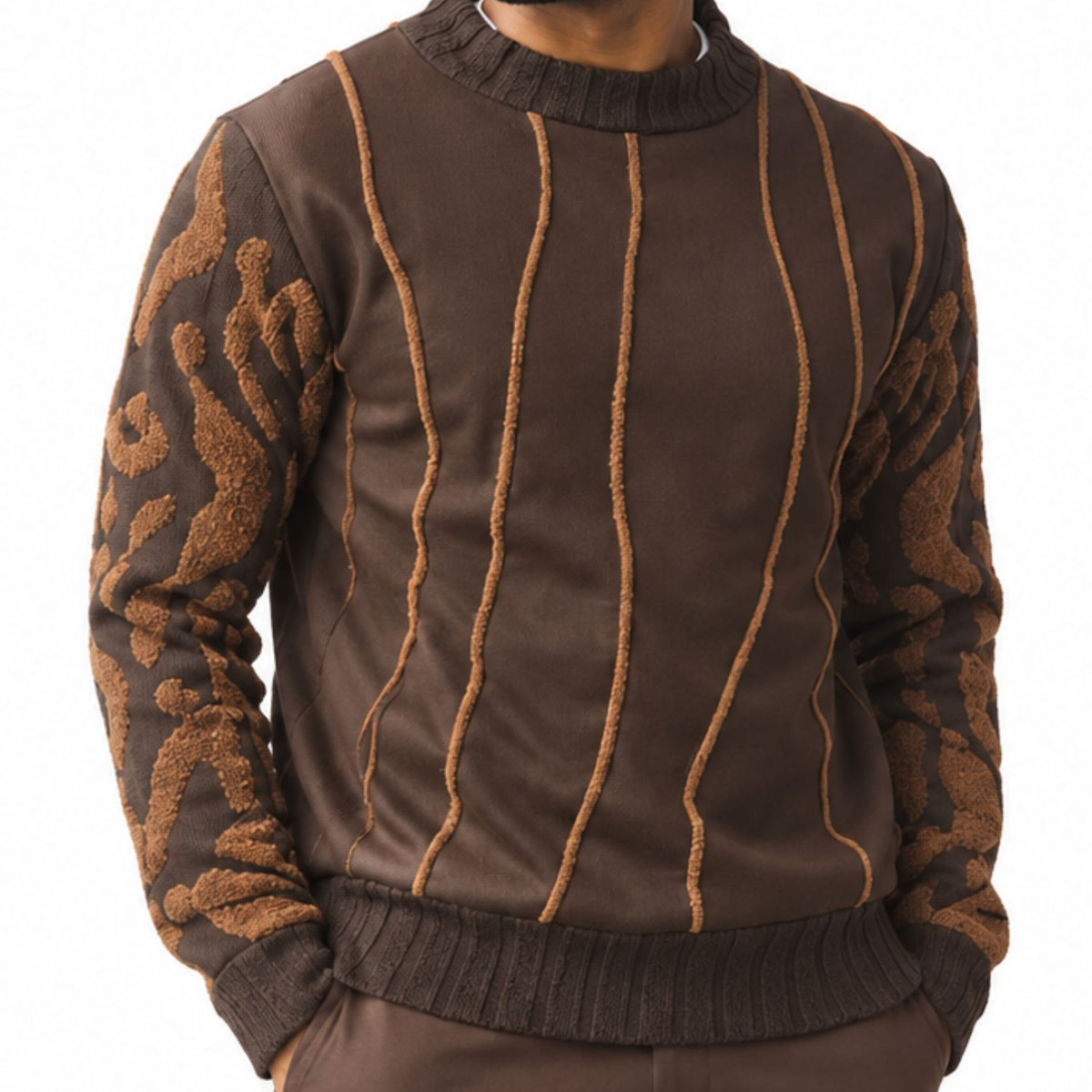 Stacy Adams 32026 brown pu trim crewneck sweater - detail view