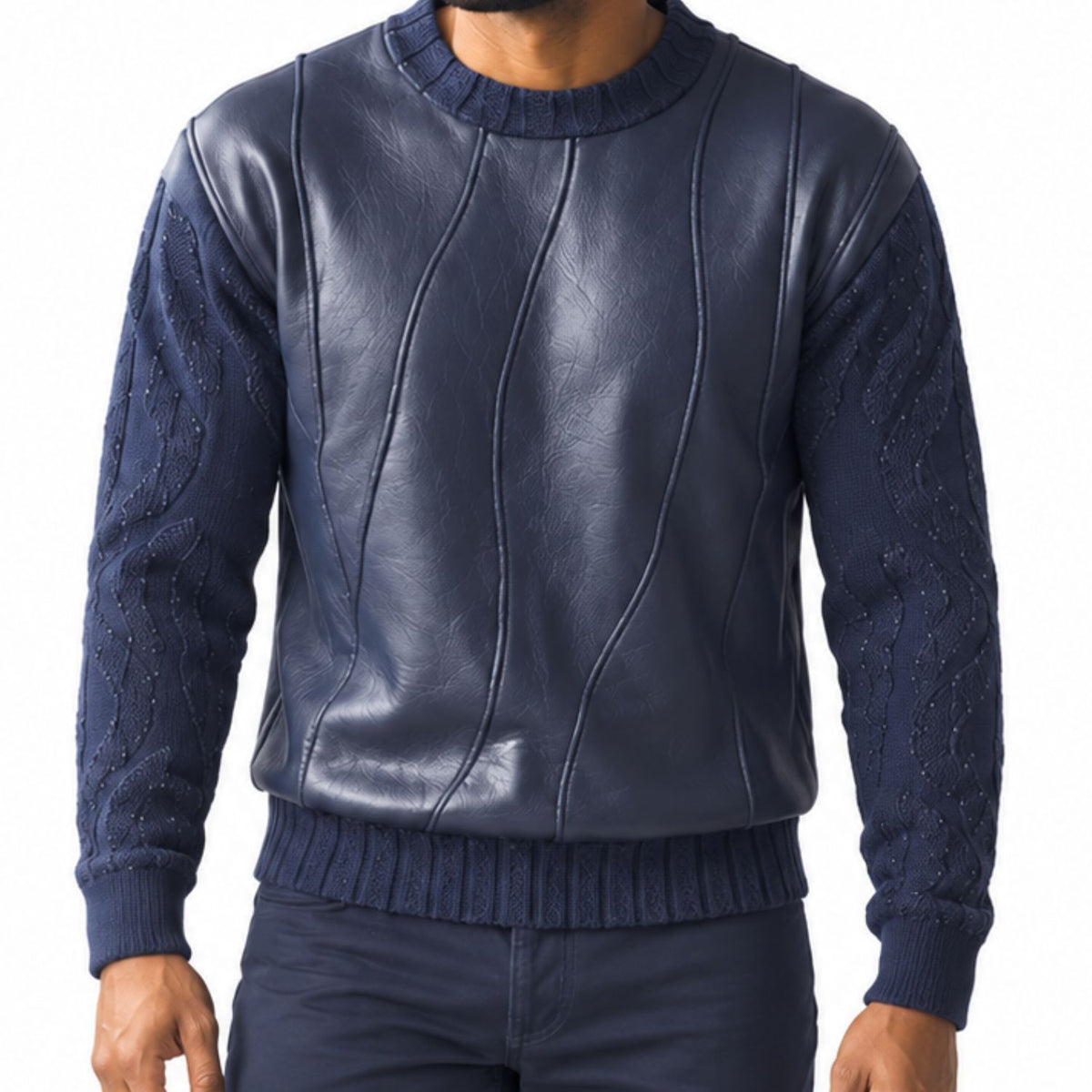 Stacy Adams 32026 navy pu trim crewneck sweater - detail view