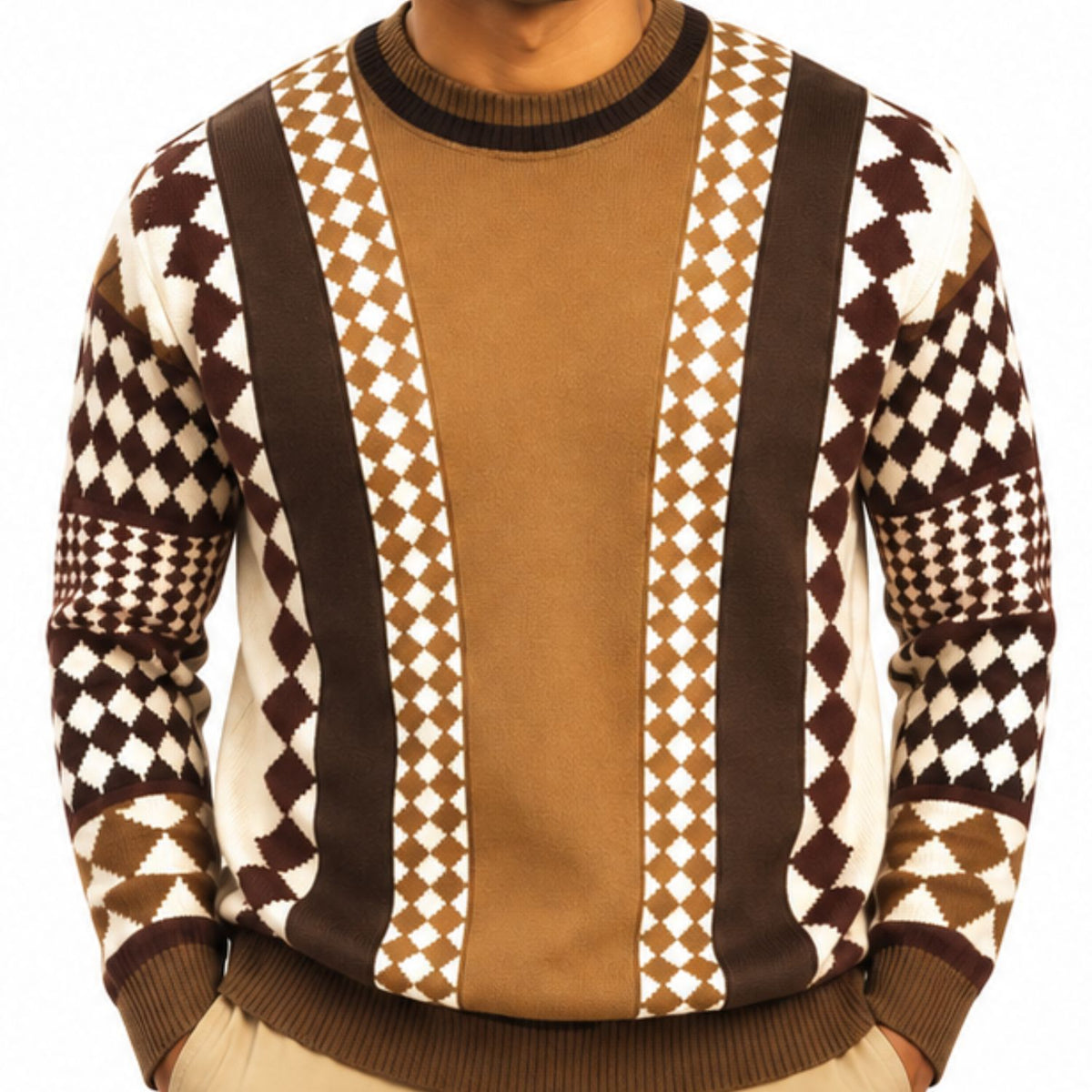 Stacy Adams 32027 taupe geometric pu trim crewneck sweater - detail view