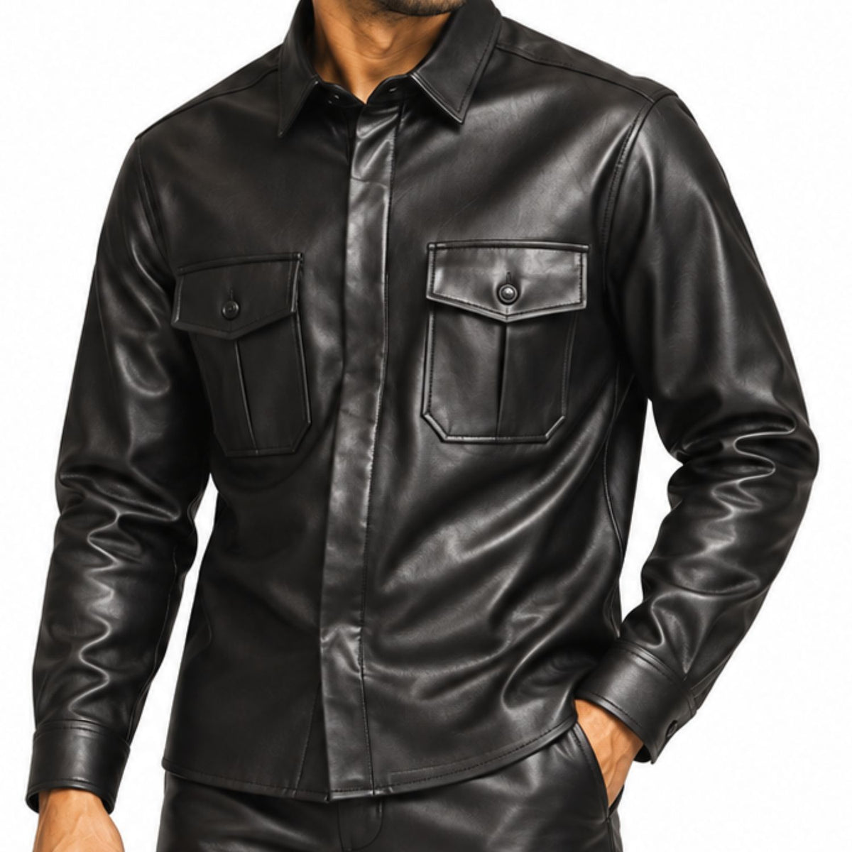 Close-up of black PU long sleeve button-front walking set shirt by Stacy Adams