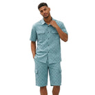 Chambray blue denim cargo embroidered 2-piece short set by Stacy Adams