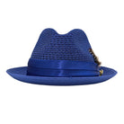 Montique royal blue straw fedora hat front view with open weave crown, matching band, and wide brim