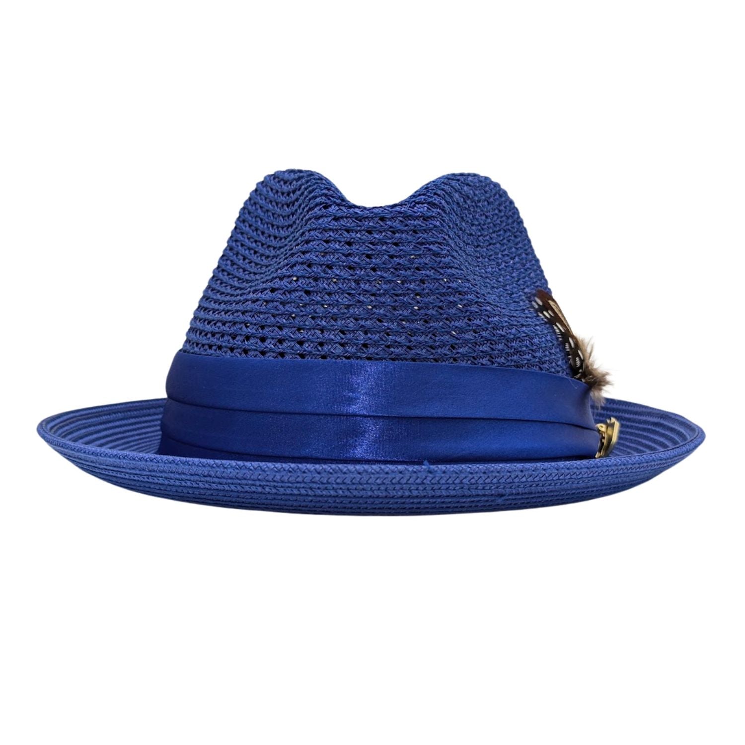 Montique royal blue straw fedora hat front view with open weave crown, matching band, and wide brim