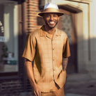 Camel tone-on-tone men's walking suit short sleeve 2-piece set with matching hat