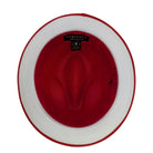 Montique red straw fedora hat inside view with white bottom and red trim underside