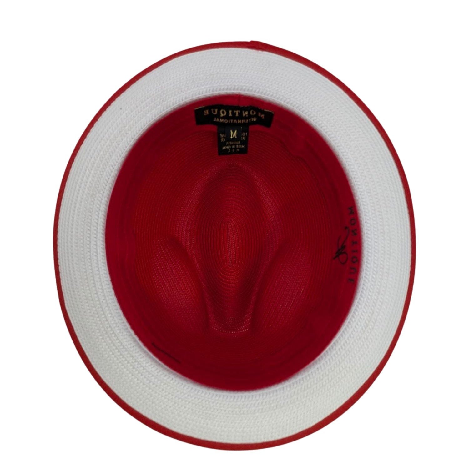 Montique red straw fedora hat inside view with white bottom and red trim underside