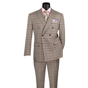 Luxelito Collection: Light Taupe 2 Piece Glen Plaid Double Breasted Modern Fit Suit