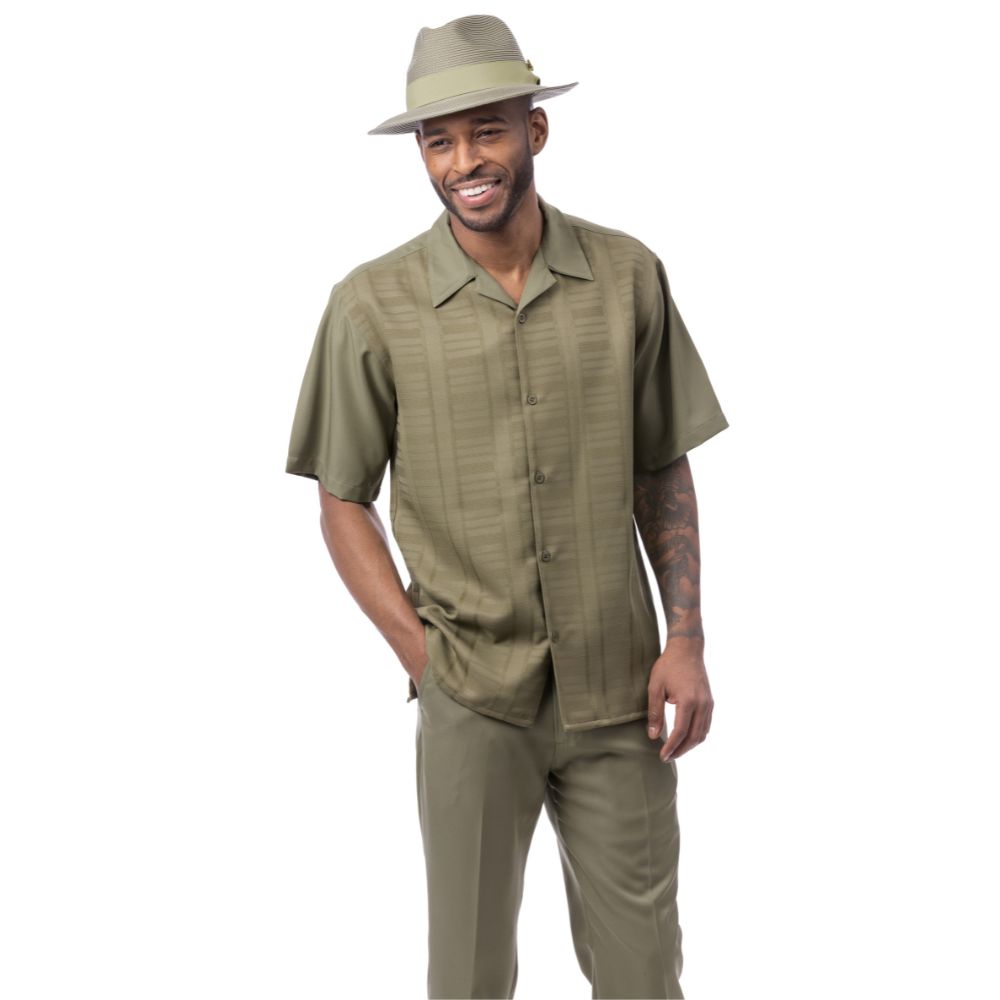 Olive tone-on-tone men's walking suit short sleeve 2-piece set with matching hat