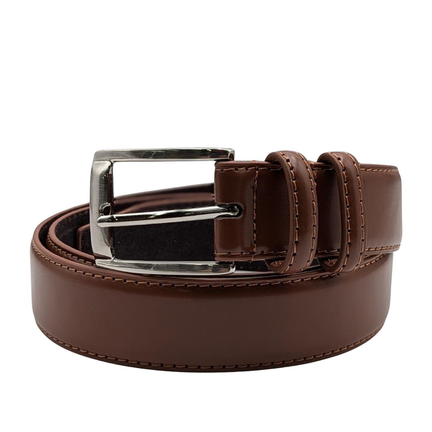 Men's Cognac Leather Dress Belt with Silver-Tone Buckle Belt-56