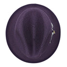 Montique purple straw fedora hat top view showing woven crown, structured brim, and side trim detail