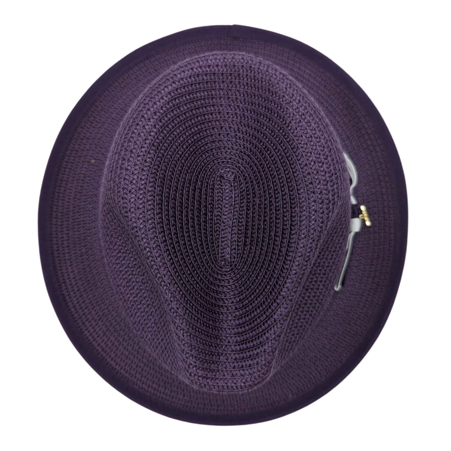 Montique purple straw fedora hat top view showing woven crown, structured brim, and side trim detail