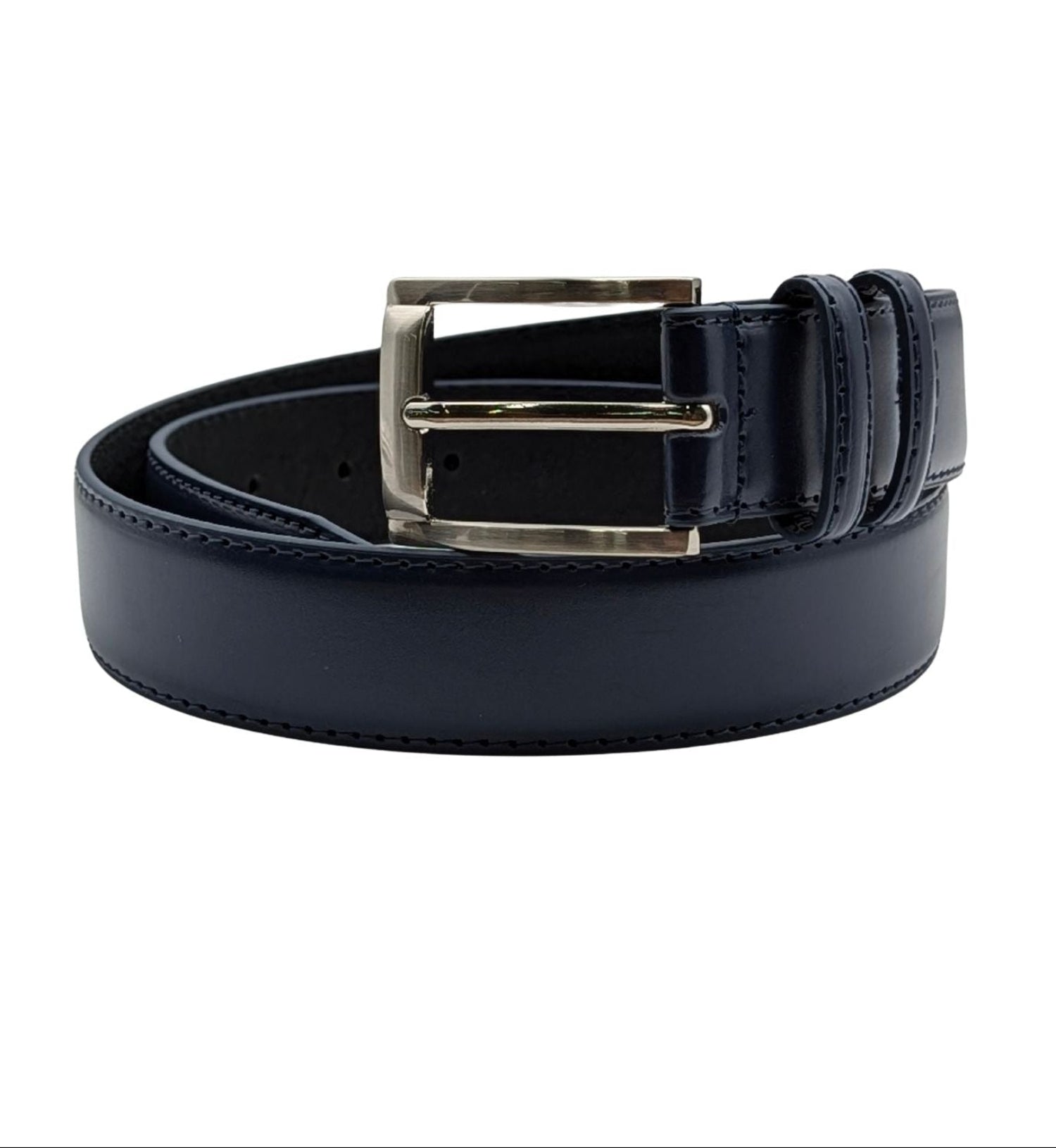 Men's Classic Navy Blue Leather Belt with Silver Buckle – Belmor Collection, Belt-50