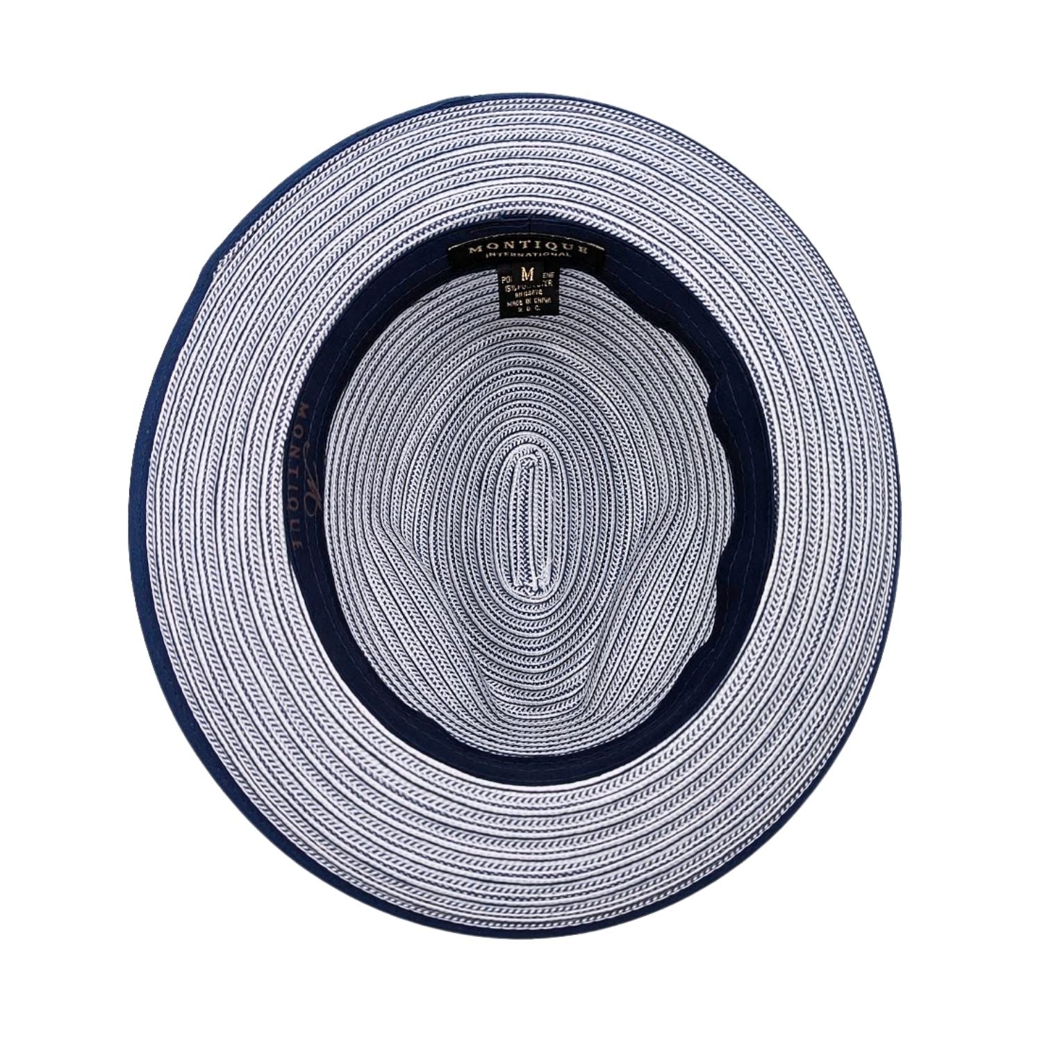 Navy and white Montique fedora inside view showing woven interior, navy sweatband, and striped brim detail