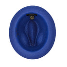 Montique royal blue straw fedora hat inside view showing branded label, sweatband, and woven brim