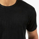 close-up of black crew neck short sleeve t shirt