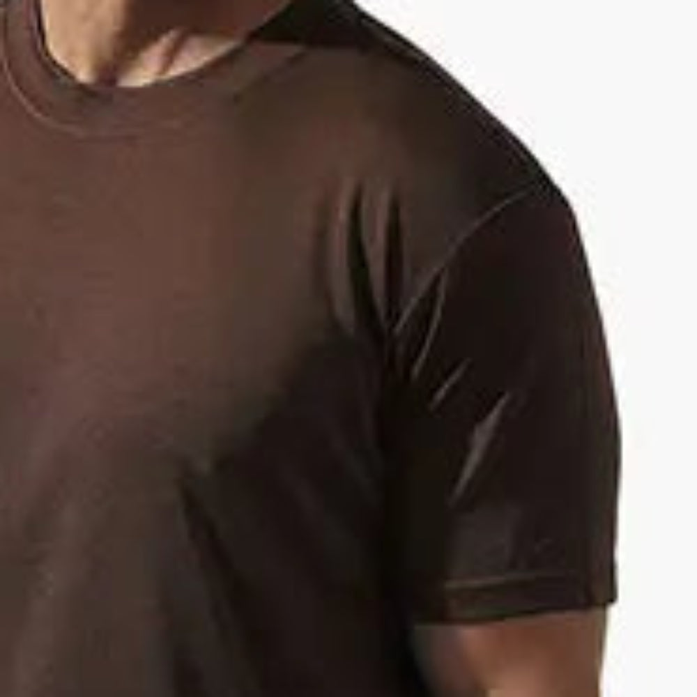 close-up of brown crew neck short sleeve t shirt