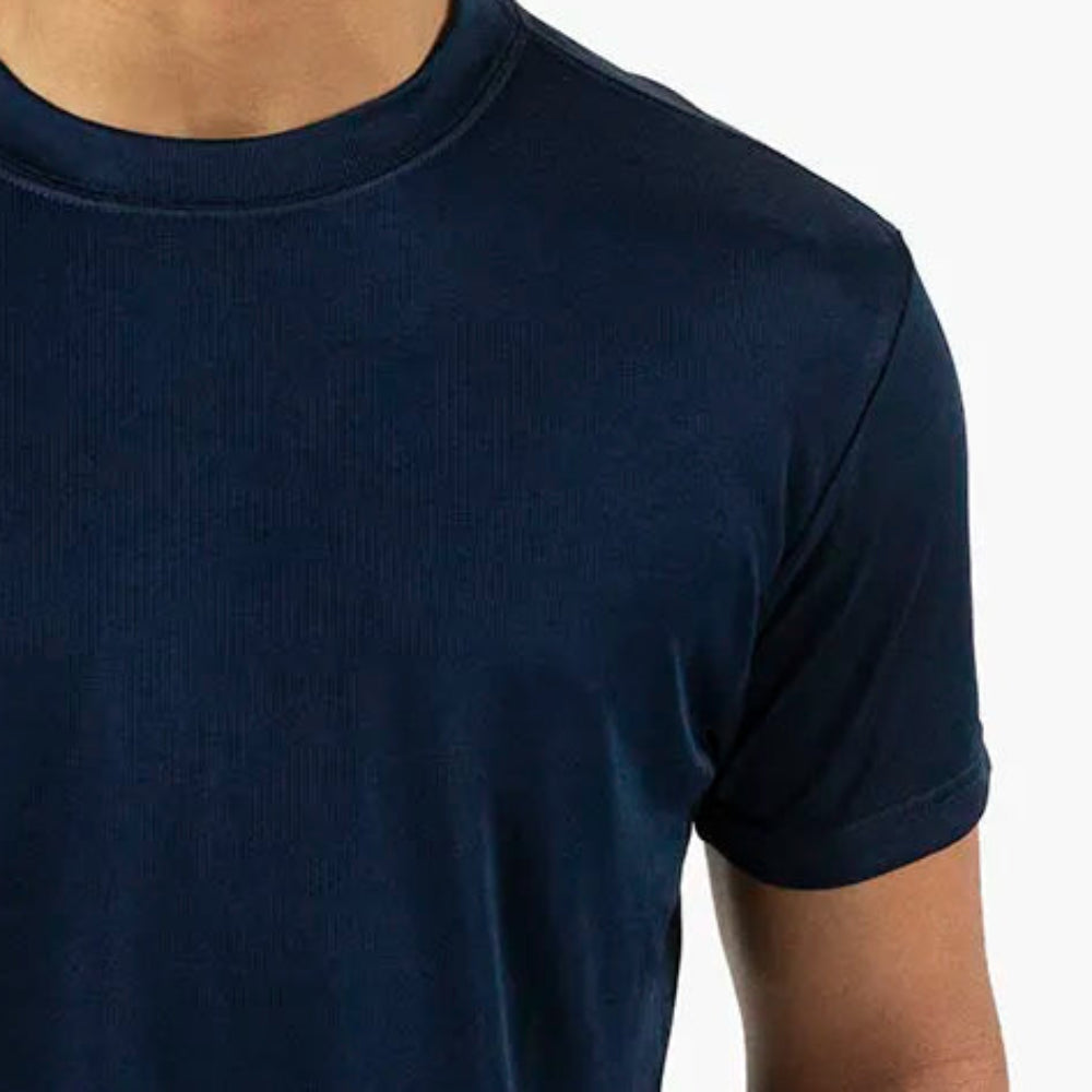close-up of navy crew neck short sleeve t shirt