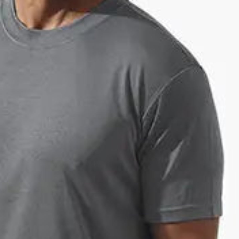 close-up of grey crew neck short sleeve t shirt
