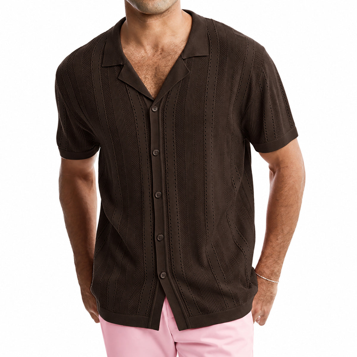 Men’s brown knitted short sleeve polo shirt with vertical openwork stripe design and button-front collar.