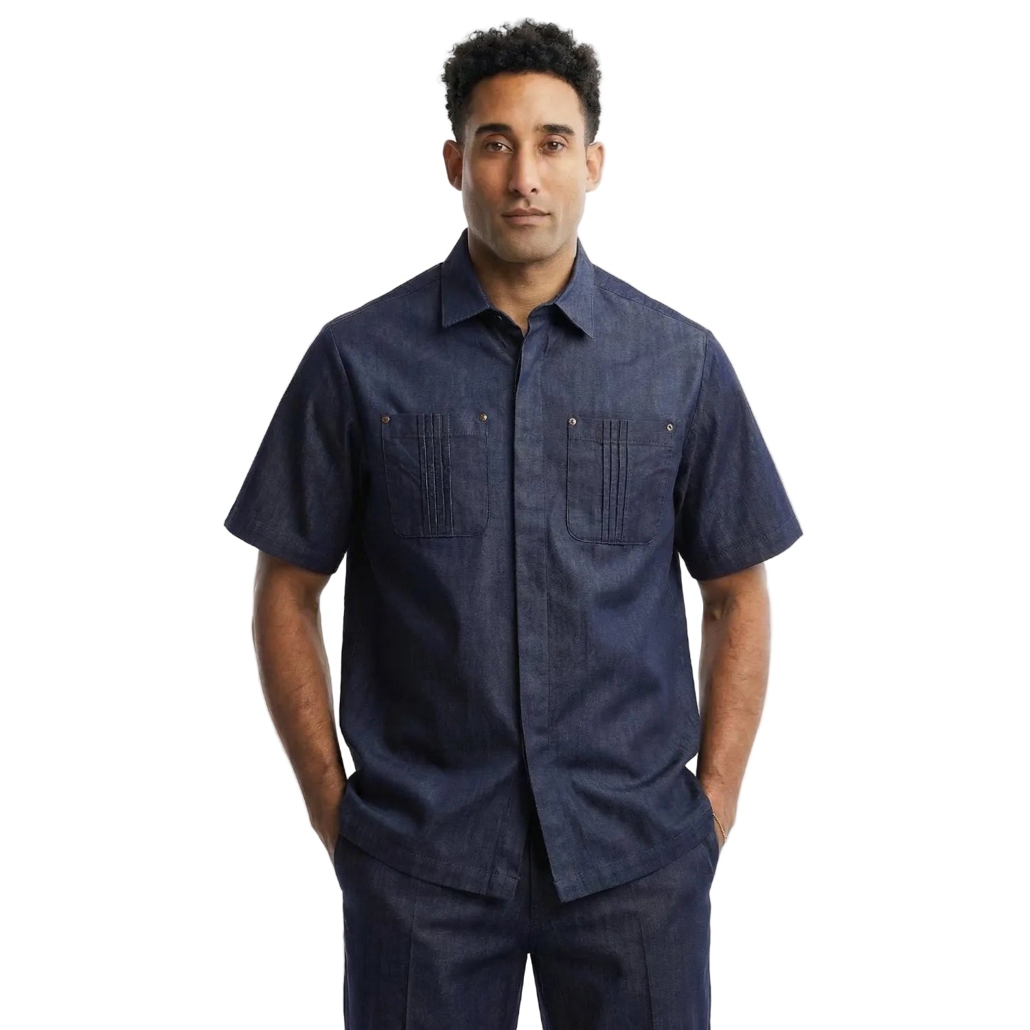 indigo denim short sleeve walking suit set front view