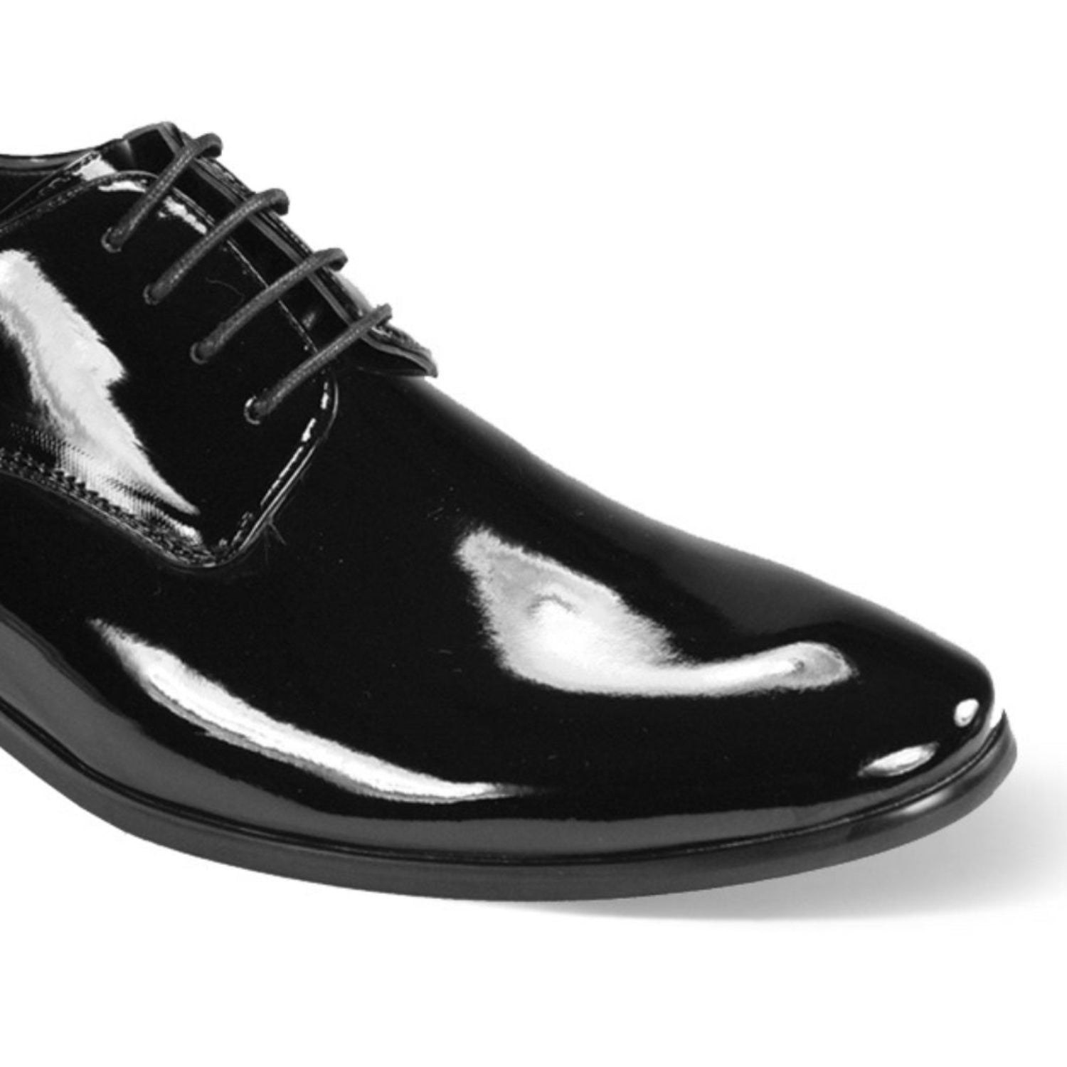 black patent leather tuxedo shoes close up glossy finish