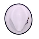 White and purple Montique fedora top view with pinched crown shape, purple brim trim, and side feather detail