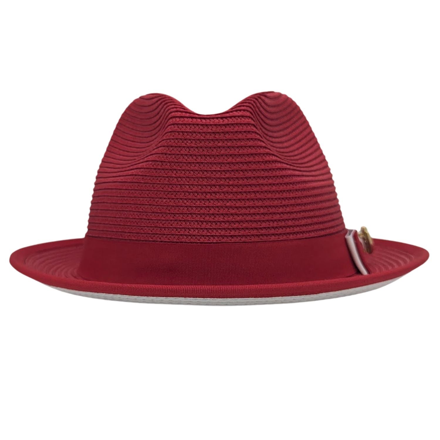 red straw fedora hat front view with red and white bow band