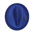 Montique royal blue straw fedora hat top view showing open weave crown, wide brim, and side feather detail