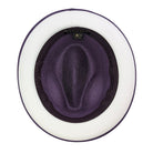 Montique purple straw fedora hat inside view with white brim bottom, purple crown, and branded sweatband