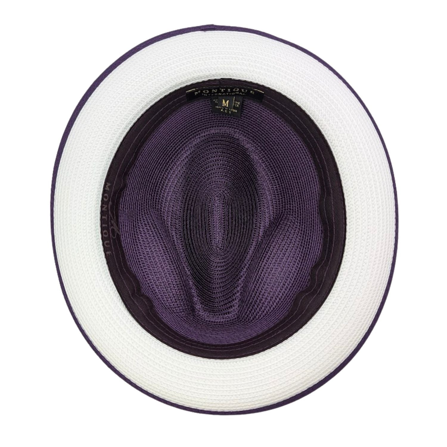 Montique purple straw fedora hat inside view with white brim bottom, purple crown, and branded sweatband
