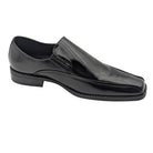 black polished slip-on dress shoe side view