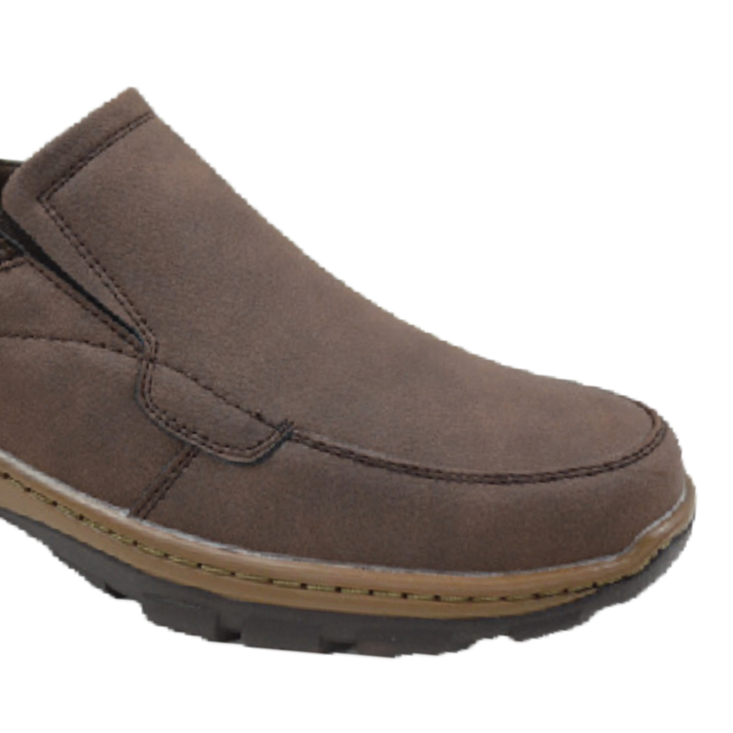 close-up of brown men’s slip-on casual shoe with nubuck style upper, contrast stitching, padded collar, and rugged outsole