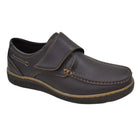 brown men’s hook and loop casual shoe , tan stitching, and  rubber sole