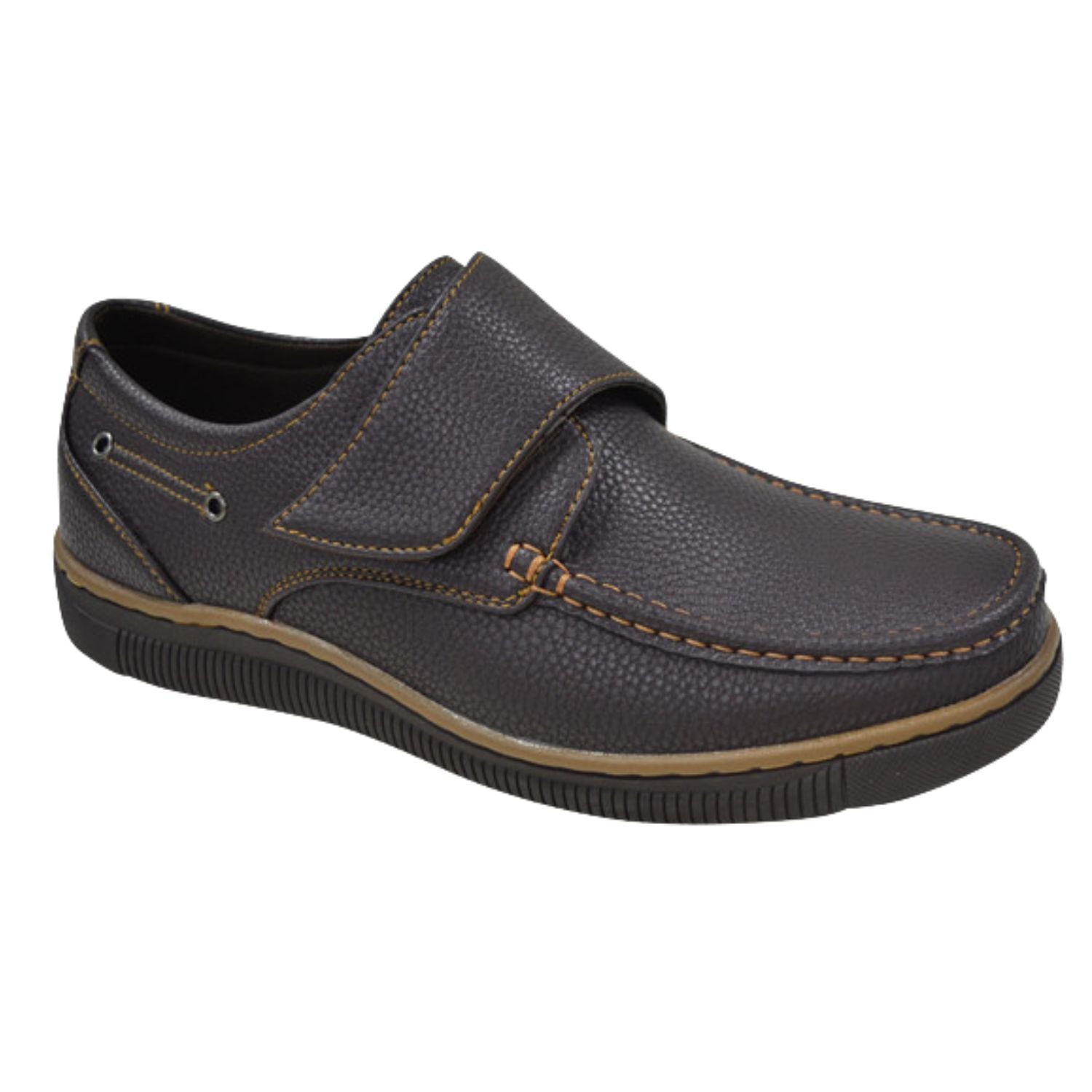 brown men’s hook and loop casual shoe , tan stitching, and  rubber sole
