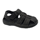 black closed toe fisherman sandal with contrast stitching side view