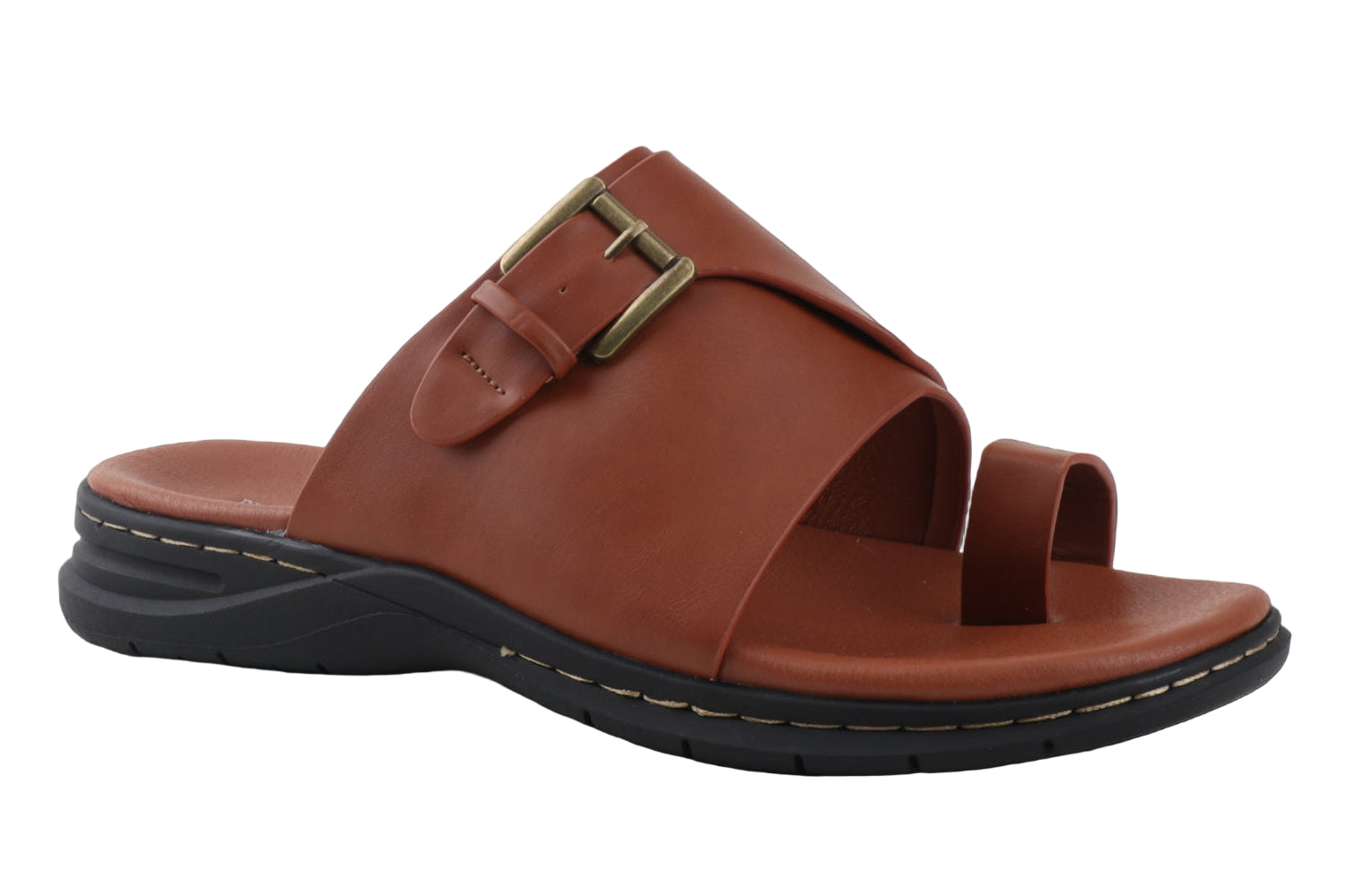 brown men’s toe loop slide sandal with buckle strap