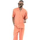 Coral solid men's walking suit short sleeve 2-piece set with matching pants