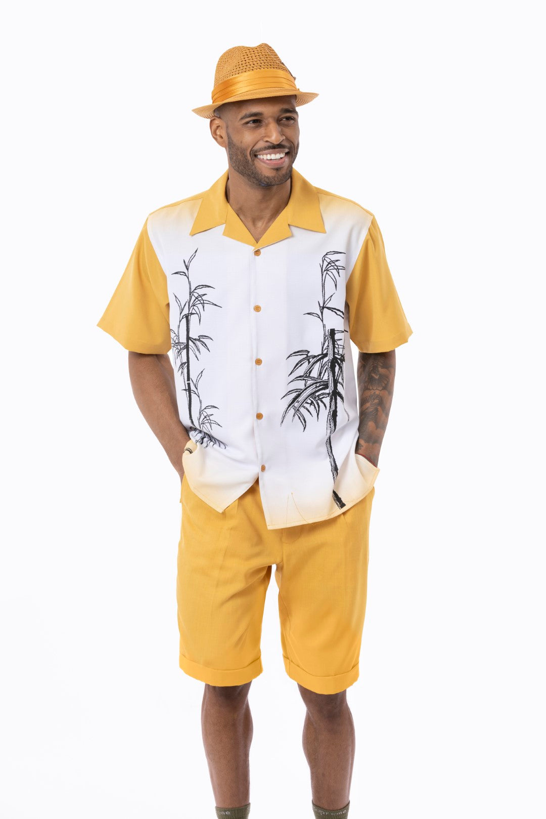 Men's gold tropical leaf print walking suit with matching cuffed shorts