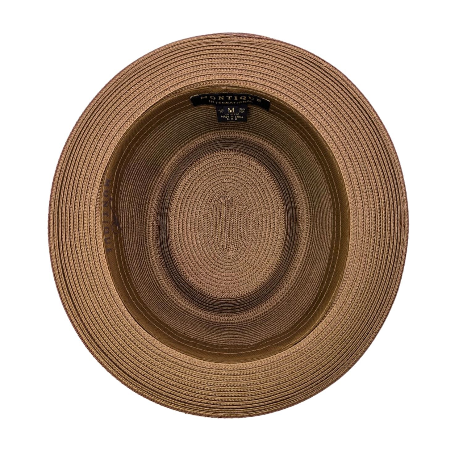 Cappuccino Montique pork pie straw hat interior view showing woven crown, structured brim, and inside label